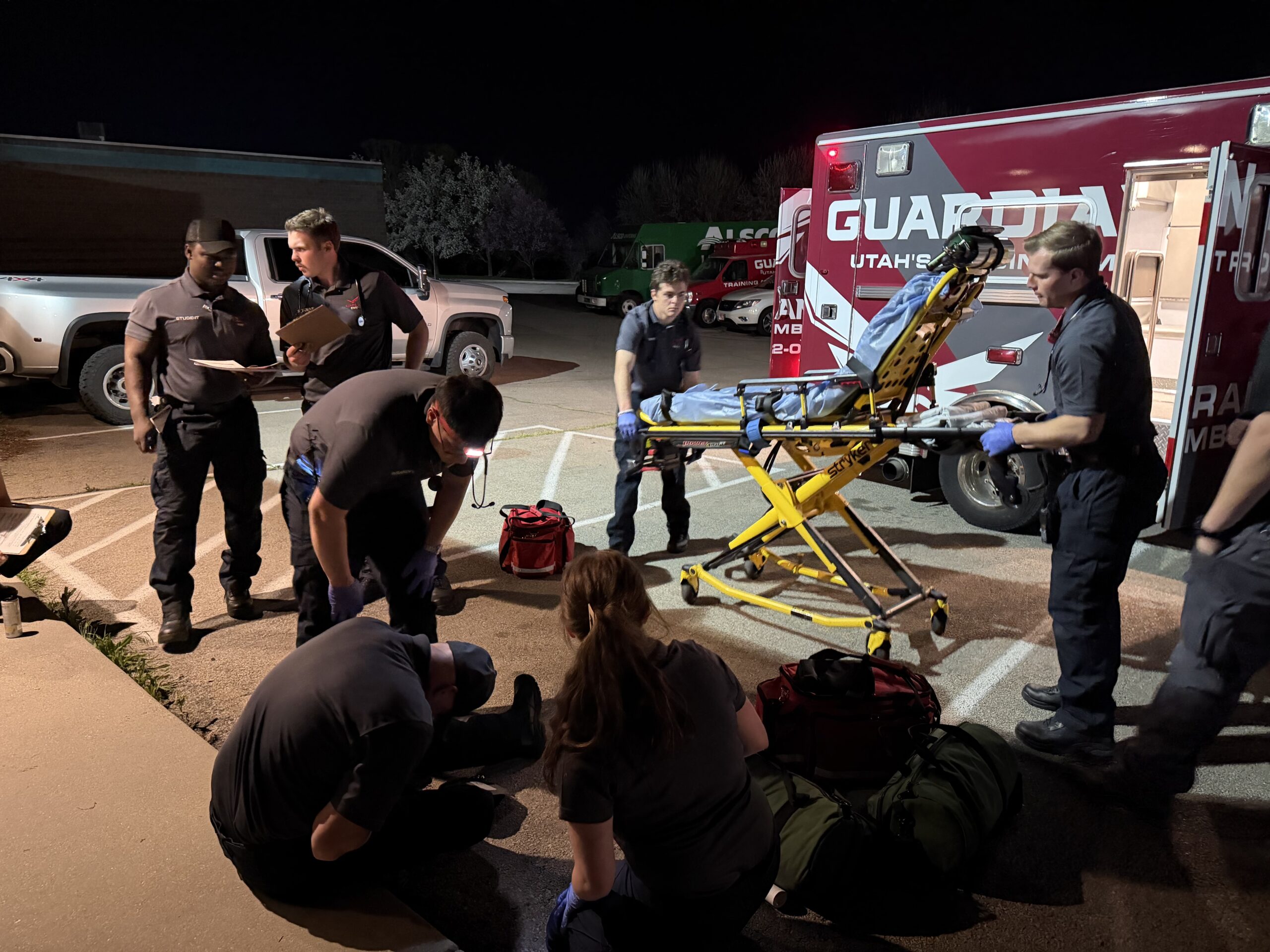 Guardian EMT students practicing intubation in the classroom airway lab